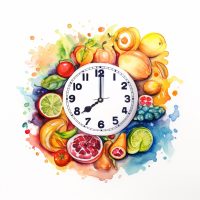 Verschillende soorten fruit gerangschikt rond een klok die 20.00 uur aangeeft