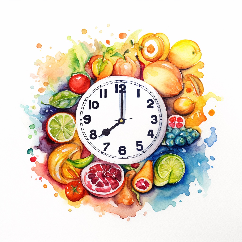 Verschillende soorten fruit gerangschikt rond een klok die 20.00 uur aangeeft